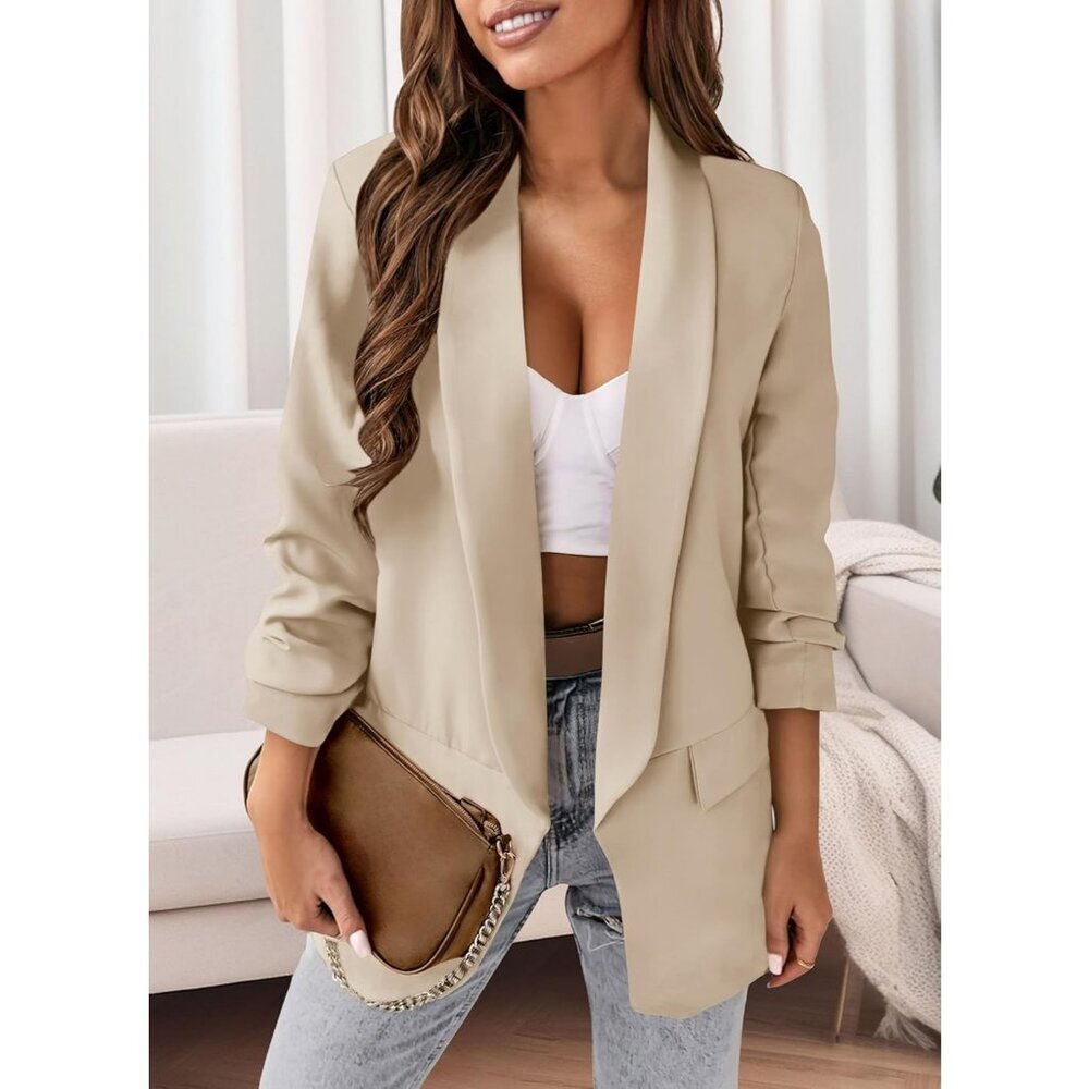 Women's Beige Casual Blazer Spring Fall Fashion Long Sleeve Open Front Work - Picture 5 of 5